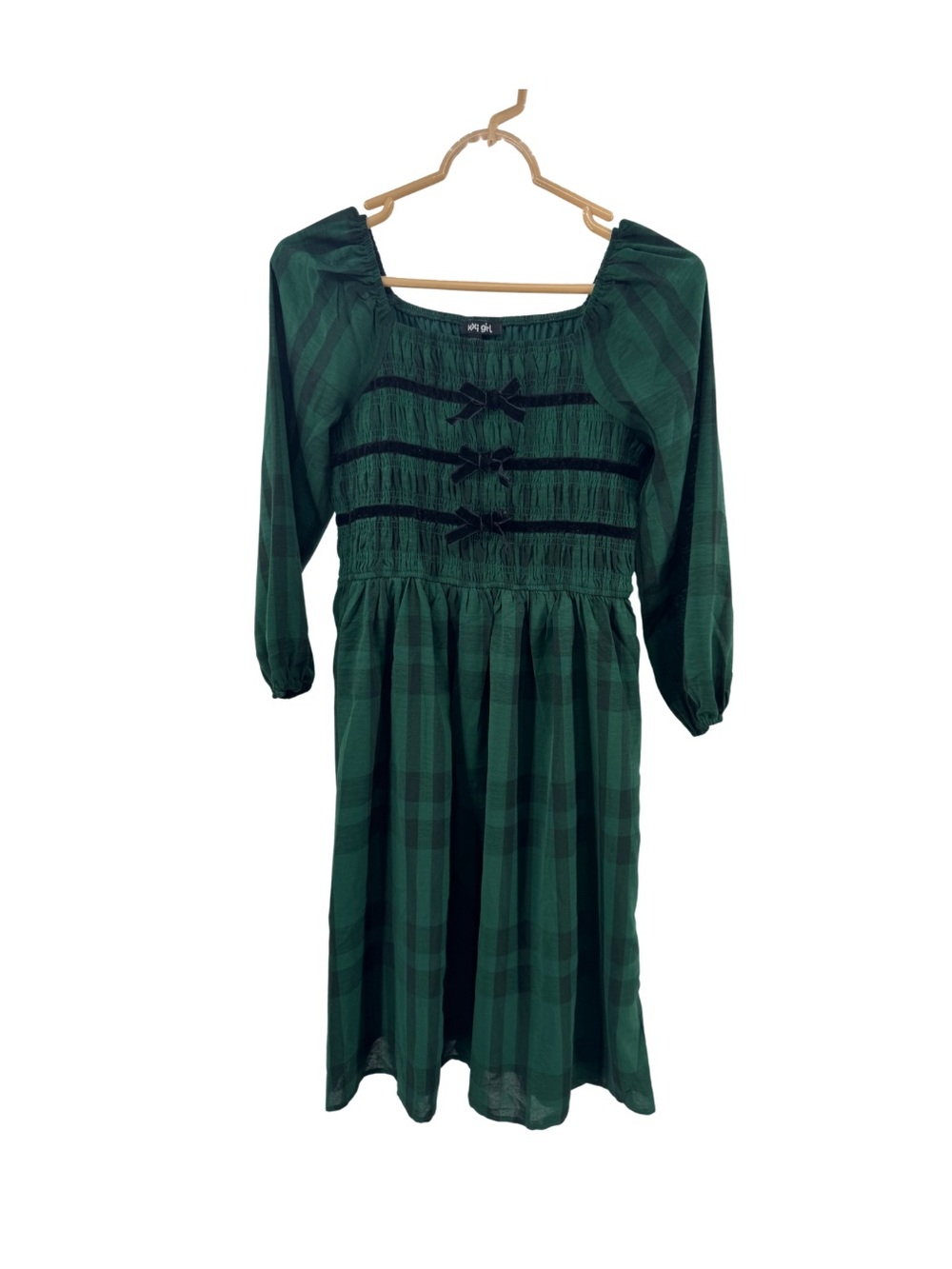 Trixxi Girl L green plaid smocked dress velvet Piping bows holiday Christmas